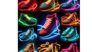 Images of shoe laces that has light within the lace used itself in different colors..