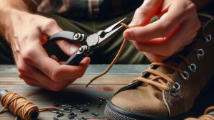 MAN addING aglets to THEIR homemade shoestrings