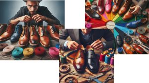 image of man mixing different colors along with different widths of shoestrings on Blucher Derbies shoes