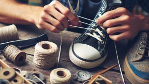 Man making shoestrings