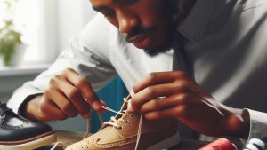 man modifying the shoestring eyelets on shoes