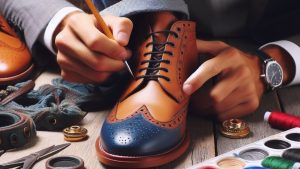 man modifying the shoestring eyelets on shoes