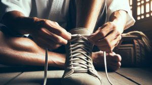 man with shoes lace his martial arts shoes